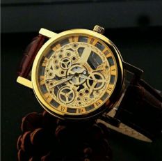 SCK Retro Design Golden Skeleton Brown Leather Transparent Watch for Men
